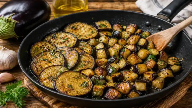 Aubergines dorées à la poêle en tranches et en cubes avec ail et persil dans une cuisine rustique