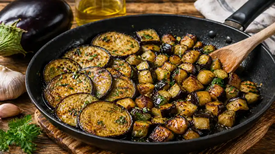 Aubergines dorées à la poêle en tranches et en cubes avec ail et persil dans une cuisine rustique