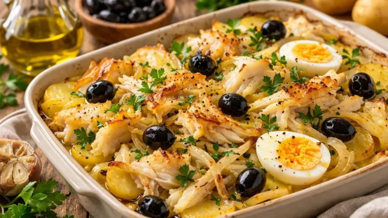 Plat de bacalhau portugais au four avec morue effilochée, pommes de terre, olives noires et œufs durs dans un plat rustique.
