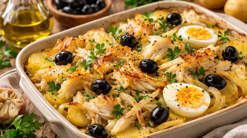 Plat de bacalhau portugais au four avec morue effilochée, pommes de terre, olives noires et œufs durs dans un plat rustique.