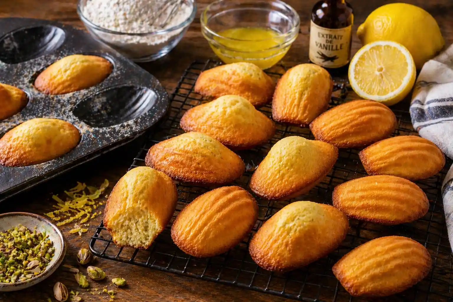 Madeleines dorées et moelleuses avec leur bosse caractéristique posées sur une grille de refroidissement dans une cuisine rustique