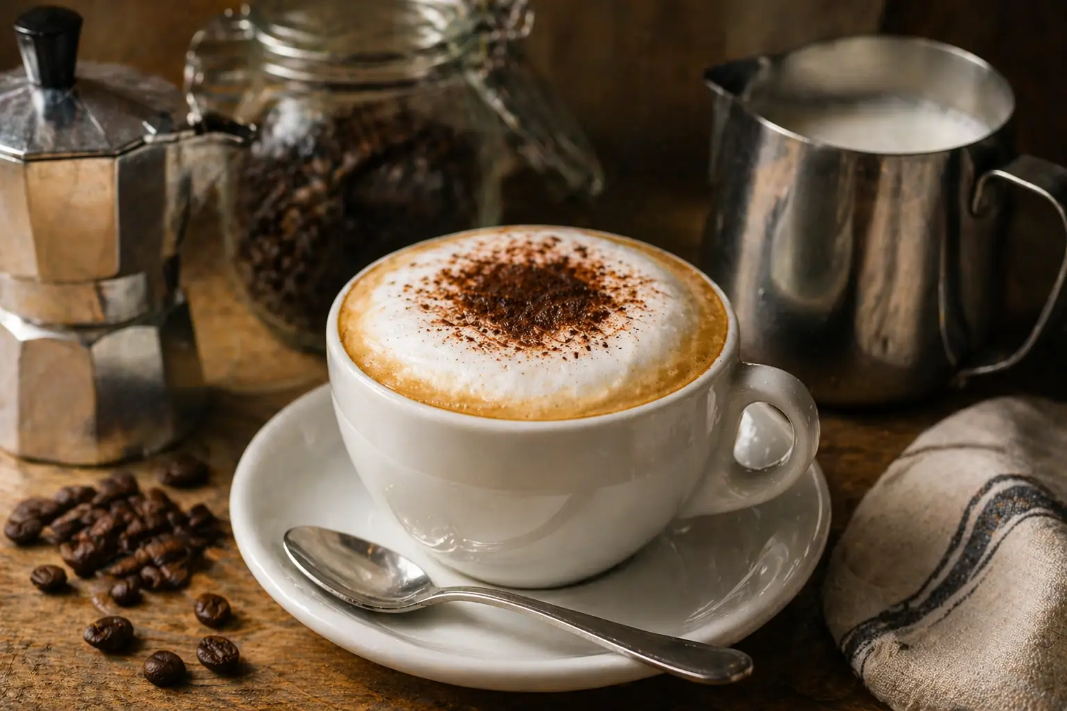 Tasse de cappuccino crémeux avec mousse de lait et cacao posée sur une table en bois avec cafetière italienne et pichet à lait