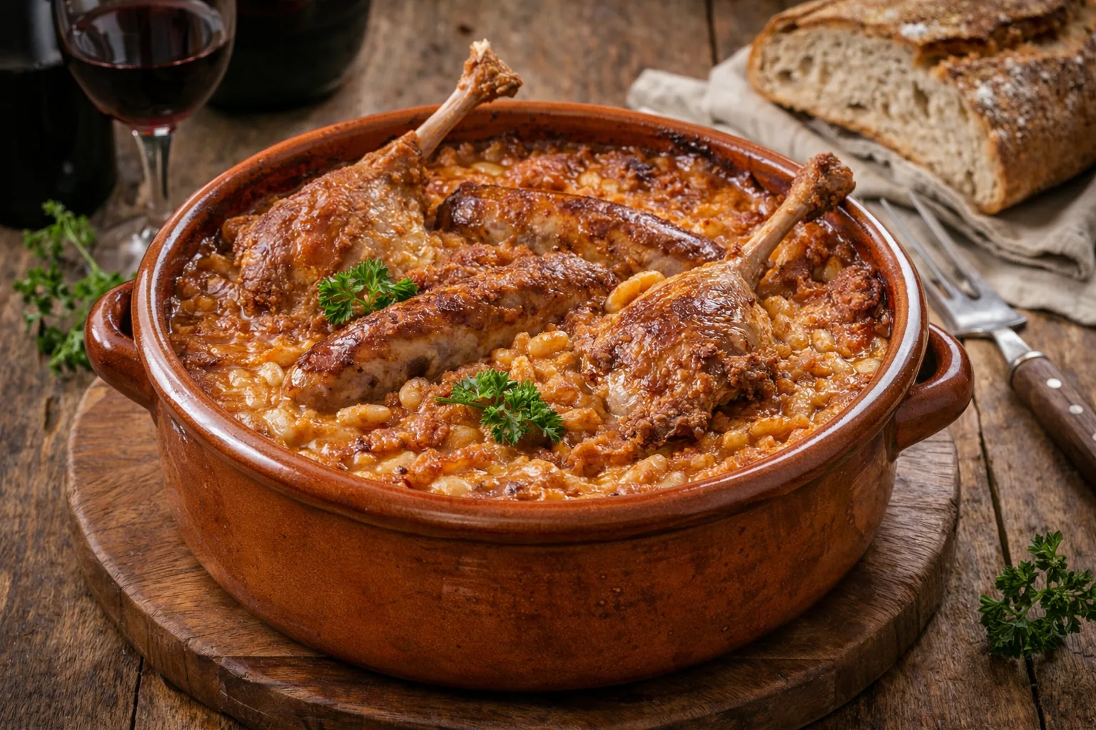 Cassoulet maison traditionnel servi dans une cassole en terre cuite avec haricots blancs, saucisses de Toulouse et confit de canard doré