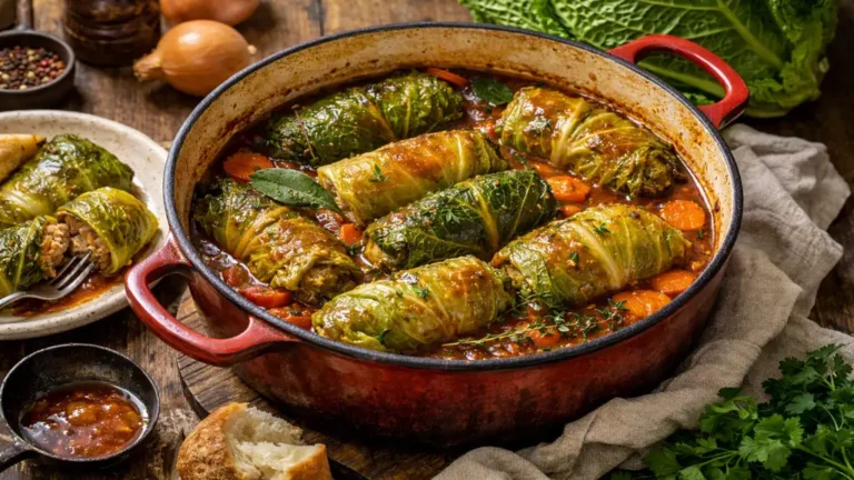 Choux farcis de grand-mère mijotés en cocotte avec sauce tomate, carottes et herbes, plat rustique et traditionnel français