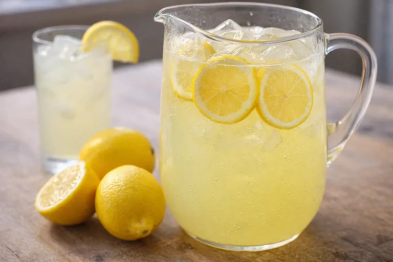 Pichet de citronnade maison avec glaçons et rondelles de citron, accompagné d’un verre frais et de citrons jaunes sur une table en bois.