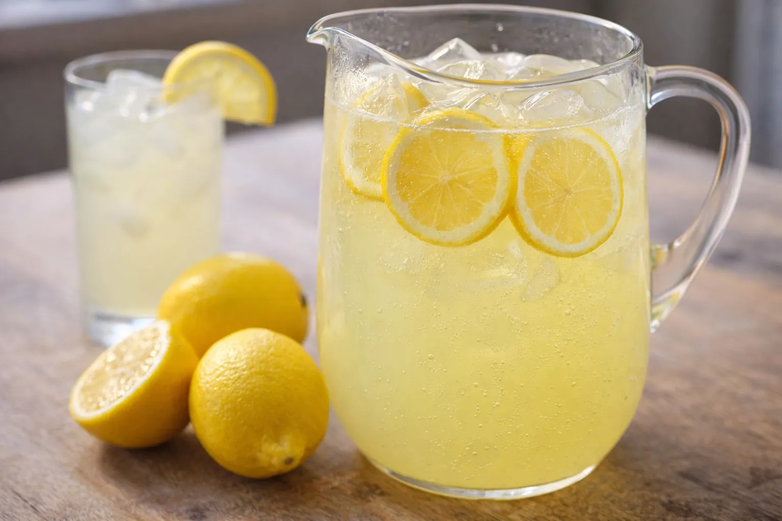 Pichet de citronnade maison avec glaçons et rondelles de citron, accompagné d’un verre frais et de citrons jaunes sur une table en bois.