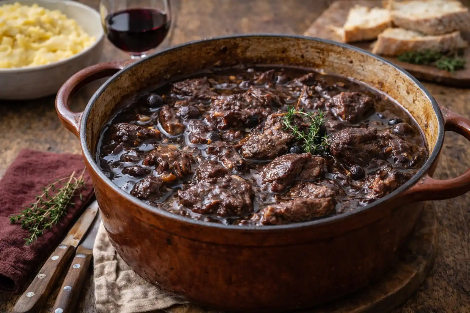 Civet de sanglier mijoté en cocotte avec sauce au vin rouge sur une table rustique, accompagné de pain et d’un verre de vin