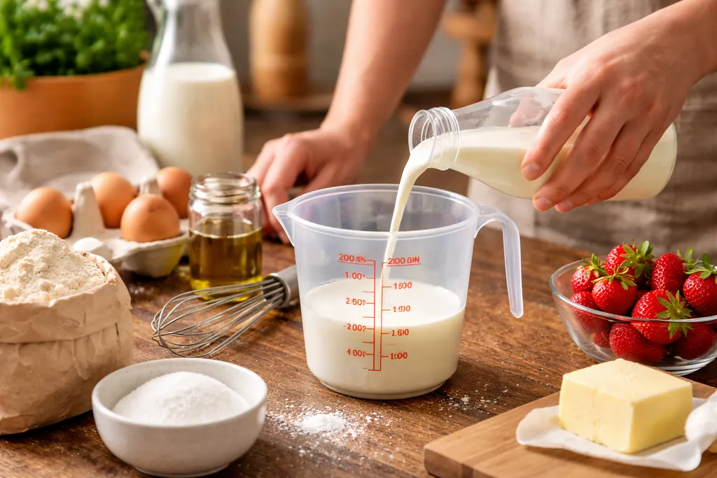Mesure de lait dans un verre doseur en cuisine pour illustrer la conversion de centilitres en millilitres