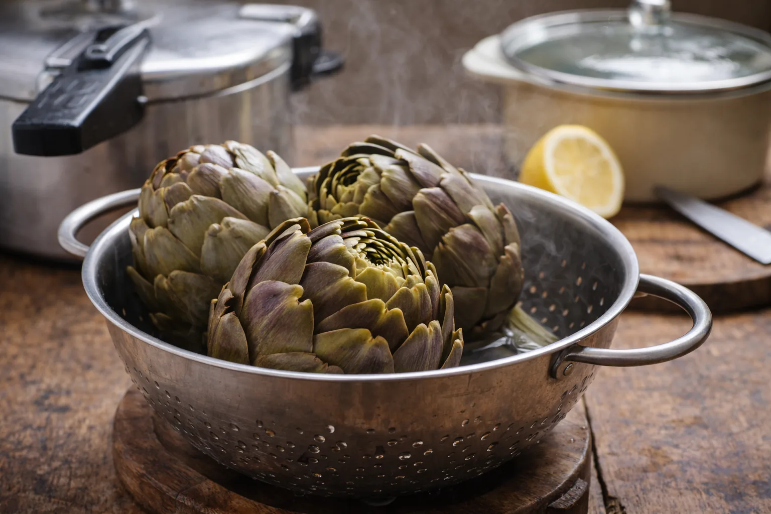 Artichauts cuits et égouttés dans une passoire en inox en cuisine avec casserole, cocotte-minute et citron en arrière-plan