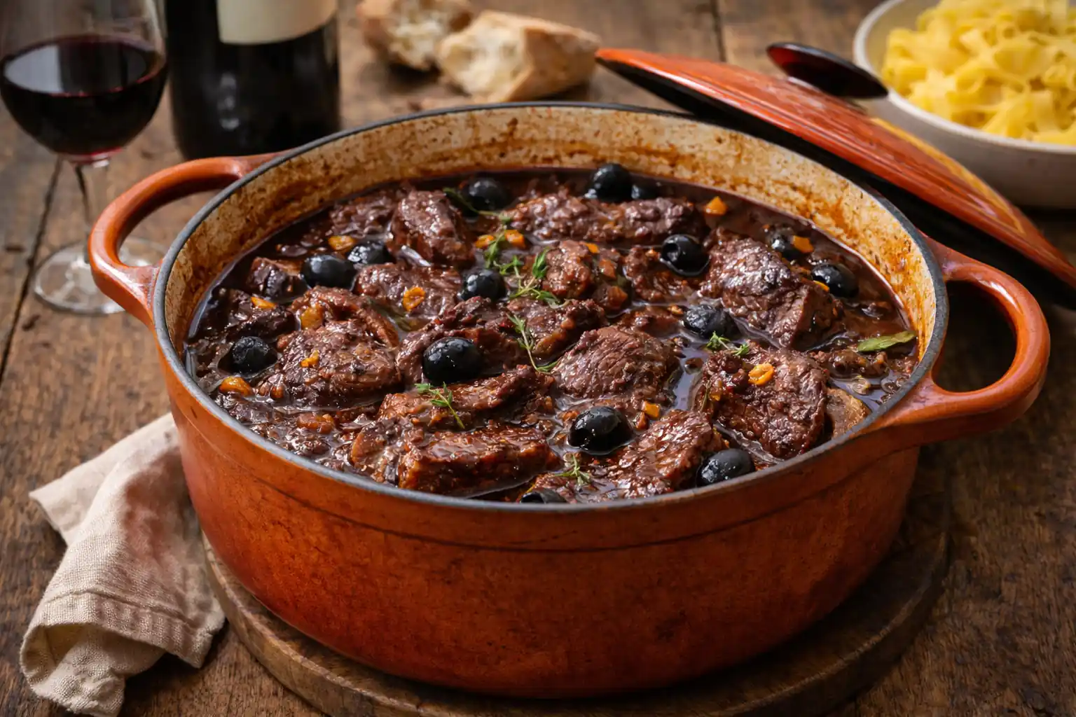 Daube de bœuf maison mijotée au vin rouge dans une cocotte en fonte avec olives noires sur une table rustique