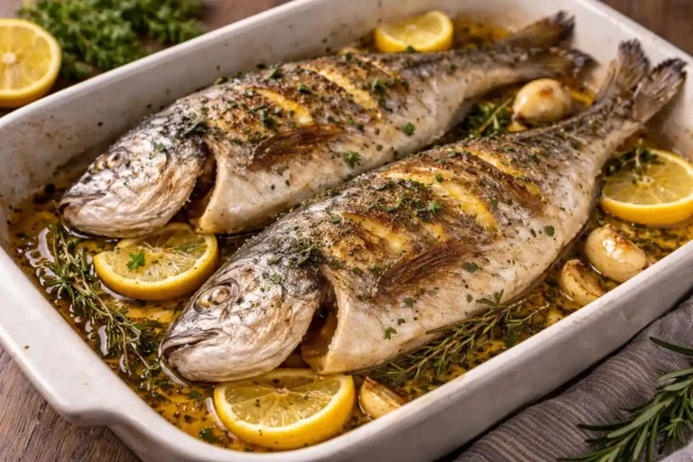 Dorades royales entières rôties au four avec citron, ail, huile d’olive et herbes fraîches dans un plat de cuisson.