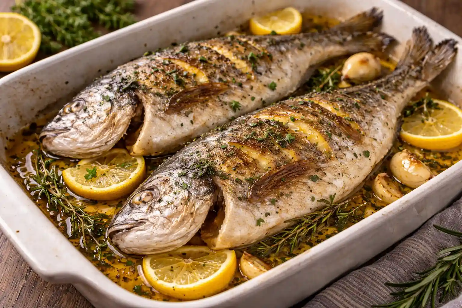 Dorades royales entières rôties au four avec citron, ail, huile d’olive et herbes fraîches dans un plat de cuisson.