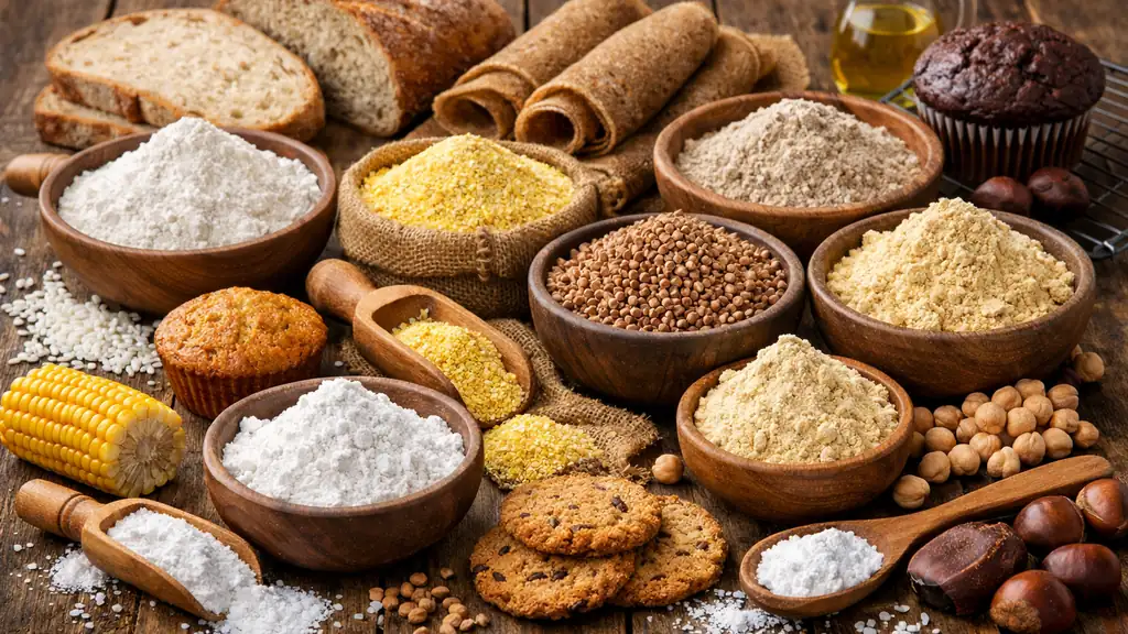 Assortiment de farines sans gluten et préparations maison sur table en bois avec pain, crêpes, muffins et ingrédients naturels