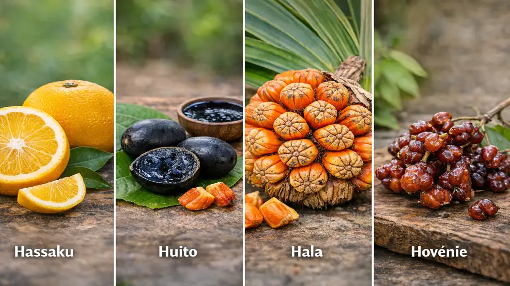Fruits exotiques commençant par la lettre H avec hassaku, huito, hala et hovénie présentés sur une surface naturelle avec décor végétal