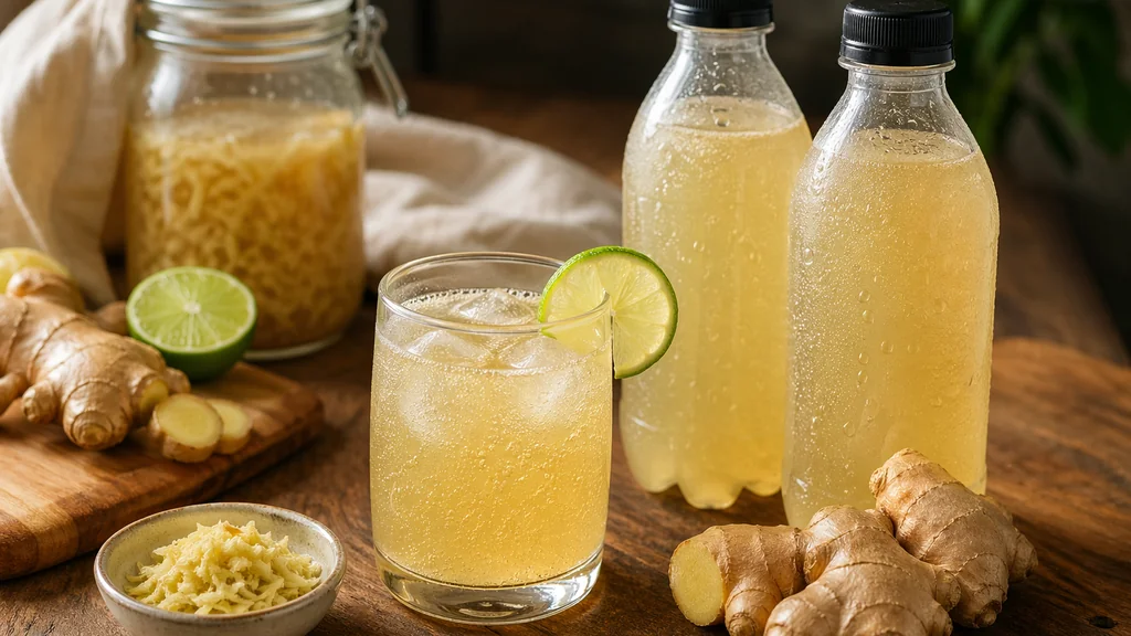 Verre et bouteilles de ginger beer maison au gingembre frais et citron vert sur une table en bois