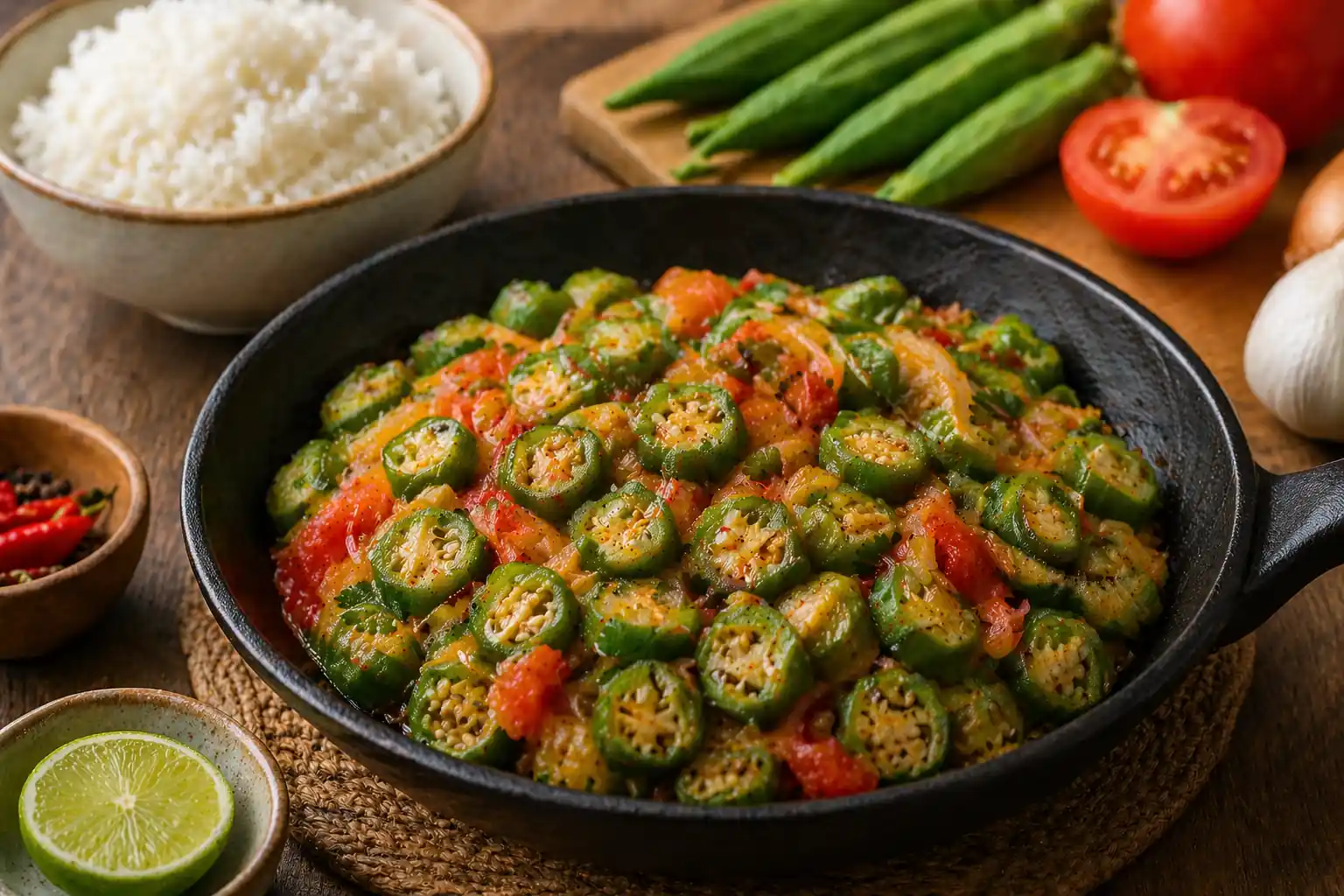 Poêlée de gombo à la tomate servie dans une grande poêle avec riz blanc, citron vert et légumes frais