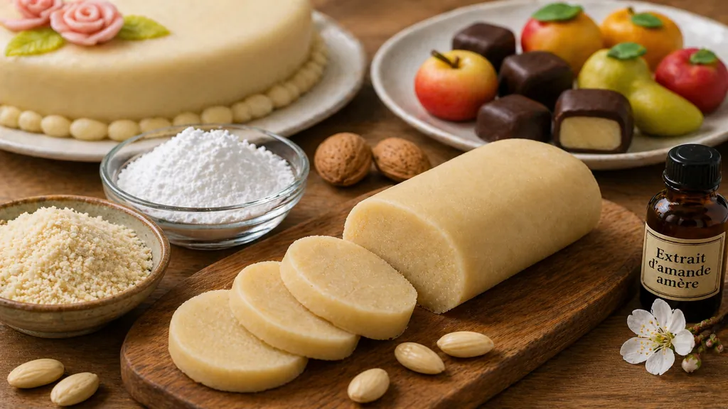 Boudin de marzipan maison tranché sur planche en bois avec poudre d’amande, sucre glace et confiseries aux amandes