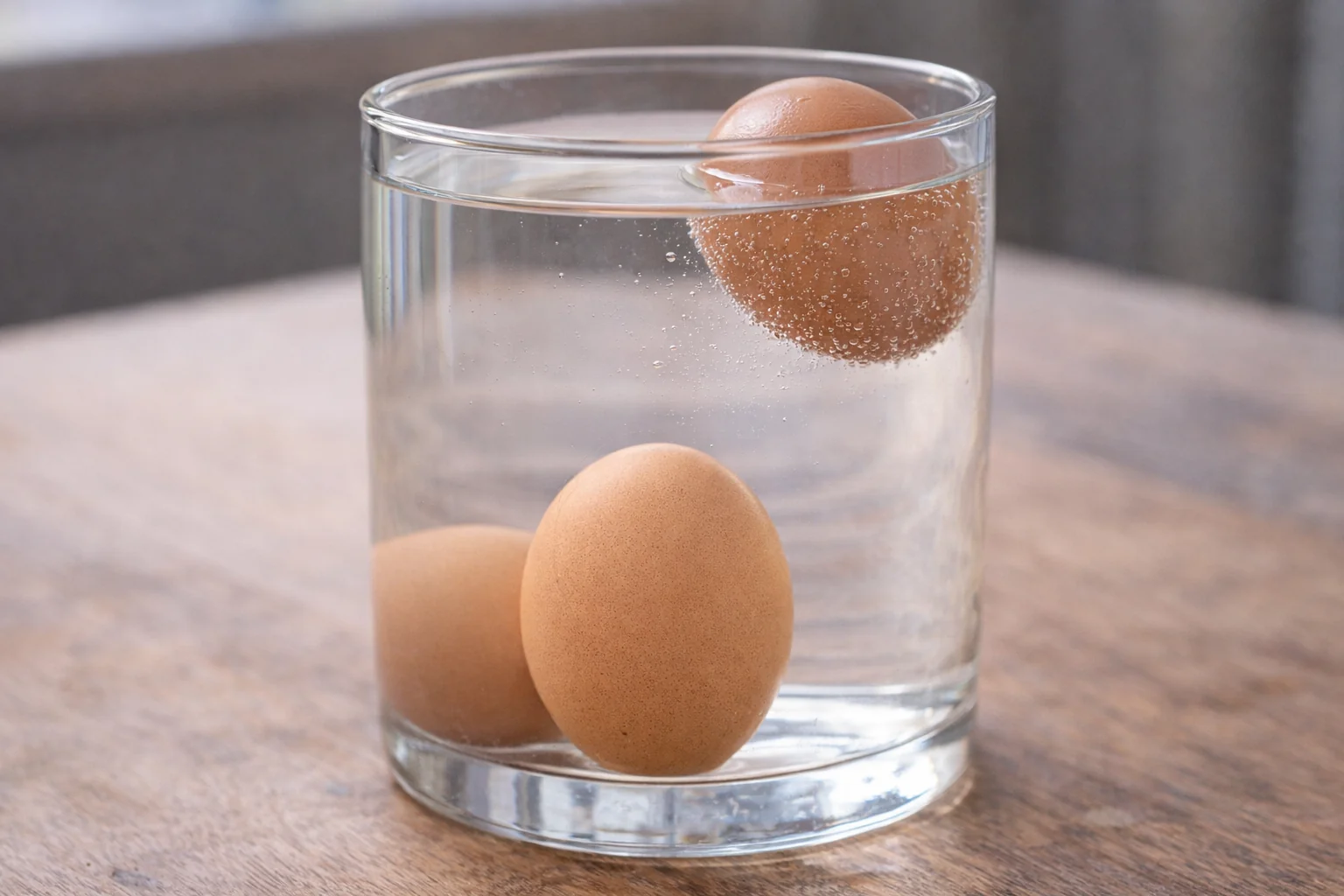 Test de fraîcheur des œufs dans un verre d’eau avec un œuf au fond, un œuf debout et un œuf flottant en surface.