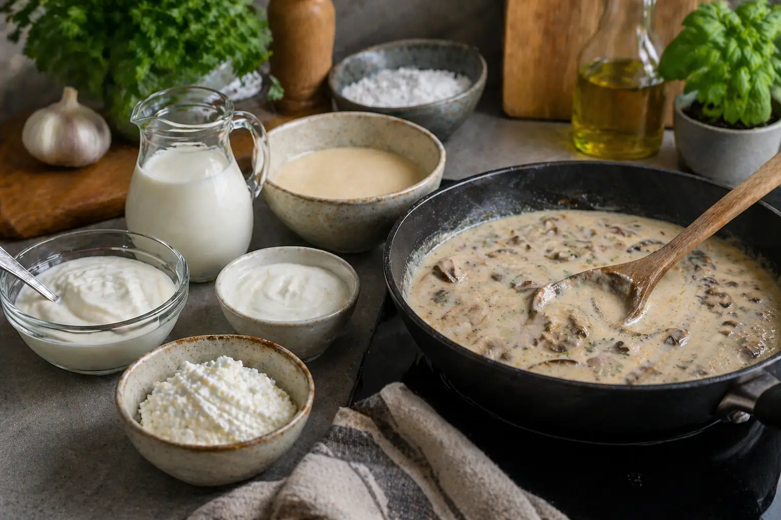 Poêle de sauce crémeuse en cuisson avec plusieurs alternatives à la crème fraîche disposées sur un plan de travail en cuisine