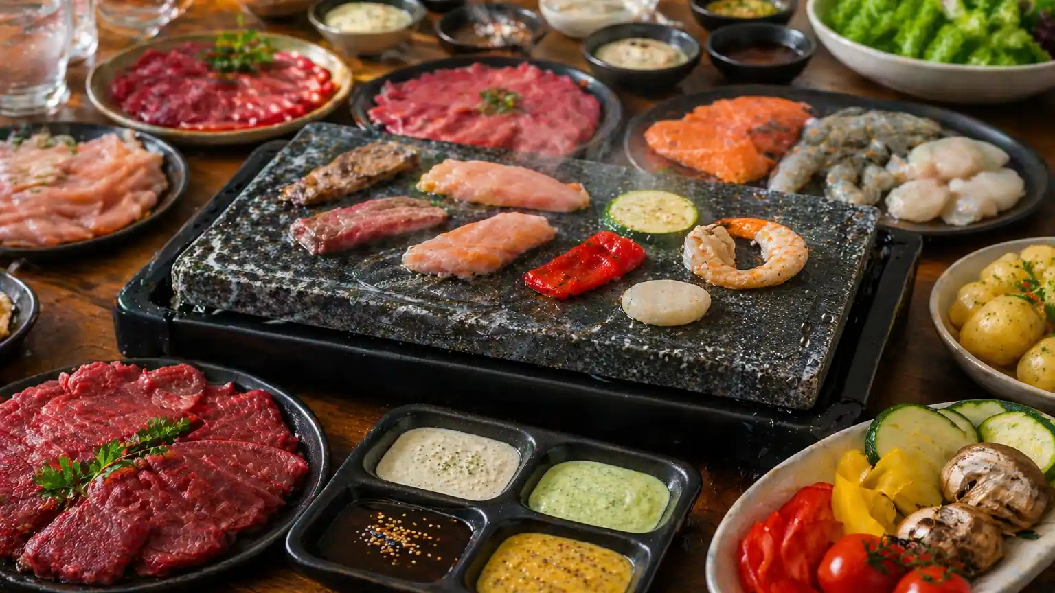 Pierrade conviviale avec viande, poisson, crevettes, légumes et sauces autour d'une pierre chaude sur table en bois