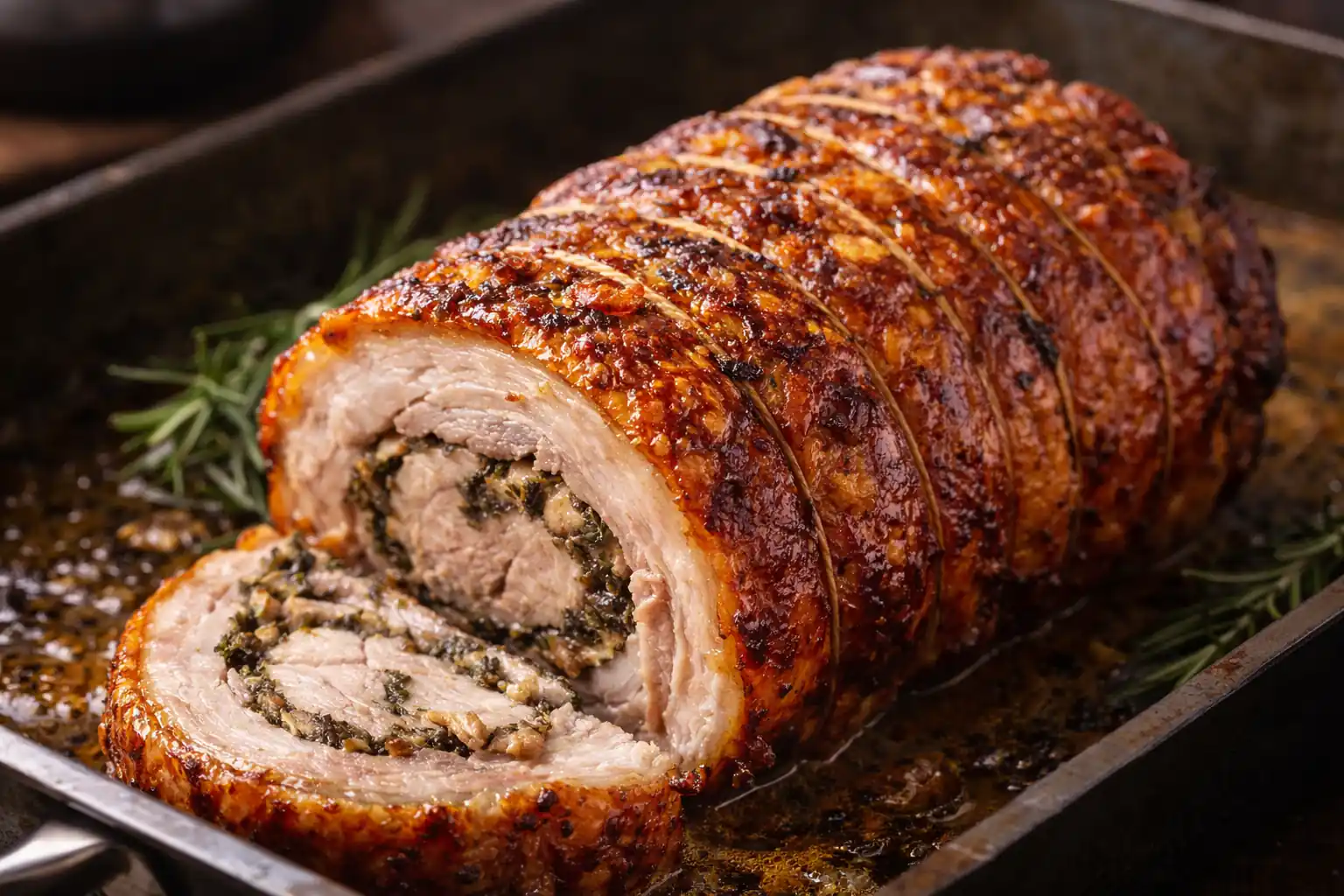 Porchetta italienne rôtie au four avec peau croustillante dorée, tranchée pour révéler une farce aux herbes aromatiques.
