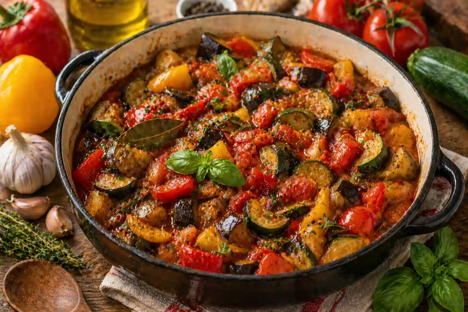 Ratatouille maison mijotée avec aubergines, courgettes, poivrons et tomates dans une cocotte rustique