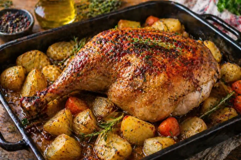 Cuisse de dinde rôtie au four avec pommes de terre, carottes et herbes dans un plat rustique