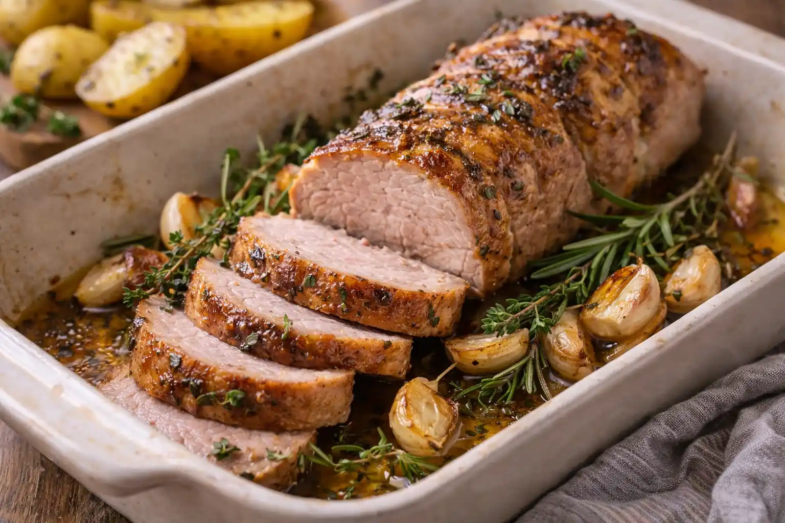 Filet mignon de porc rôti au four, tranché dans un plat avec jus de cuisson, ail confit et herbes fraîches.