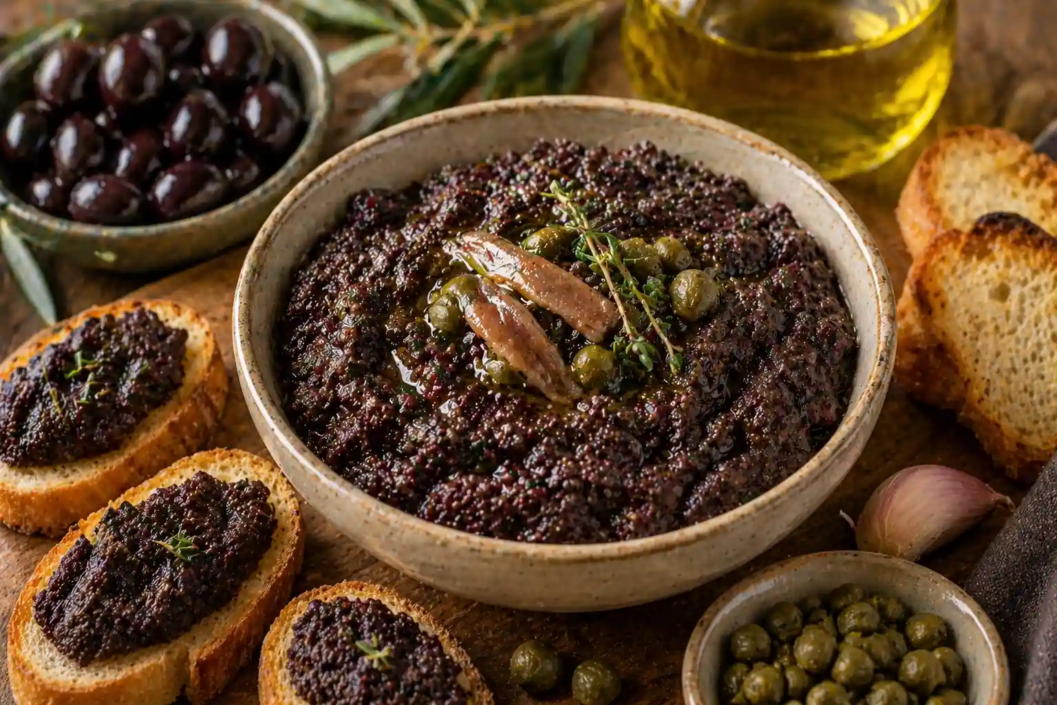 Tapenade provençale maison aux olives noires, câpres et anchois, servie avec des toasts grillés sur une table rustique
