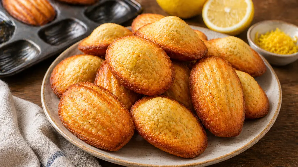 Madeleines Cyril Lignac dorées et moelleuses, avec belle bosse, servies sur une assiette près d’un moule en métal et de citron
