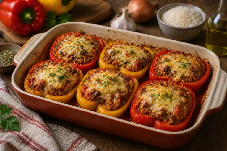 Plat de poivrons farcis au four avec viande hachée, riz, tomate et fromage gratiné dans un plat en céramique