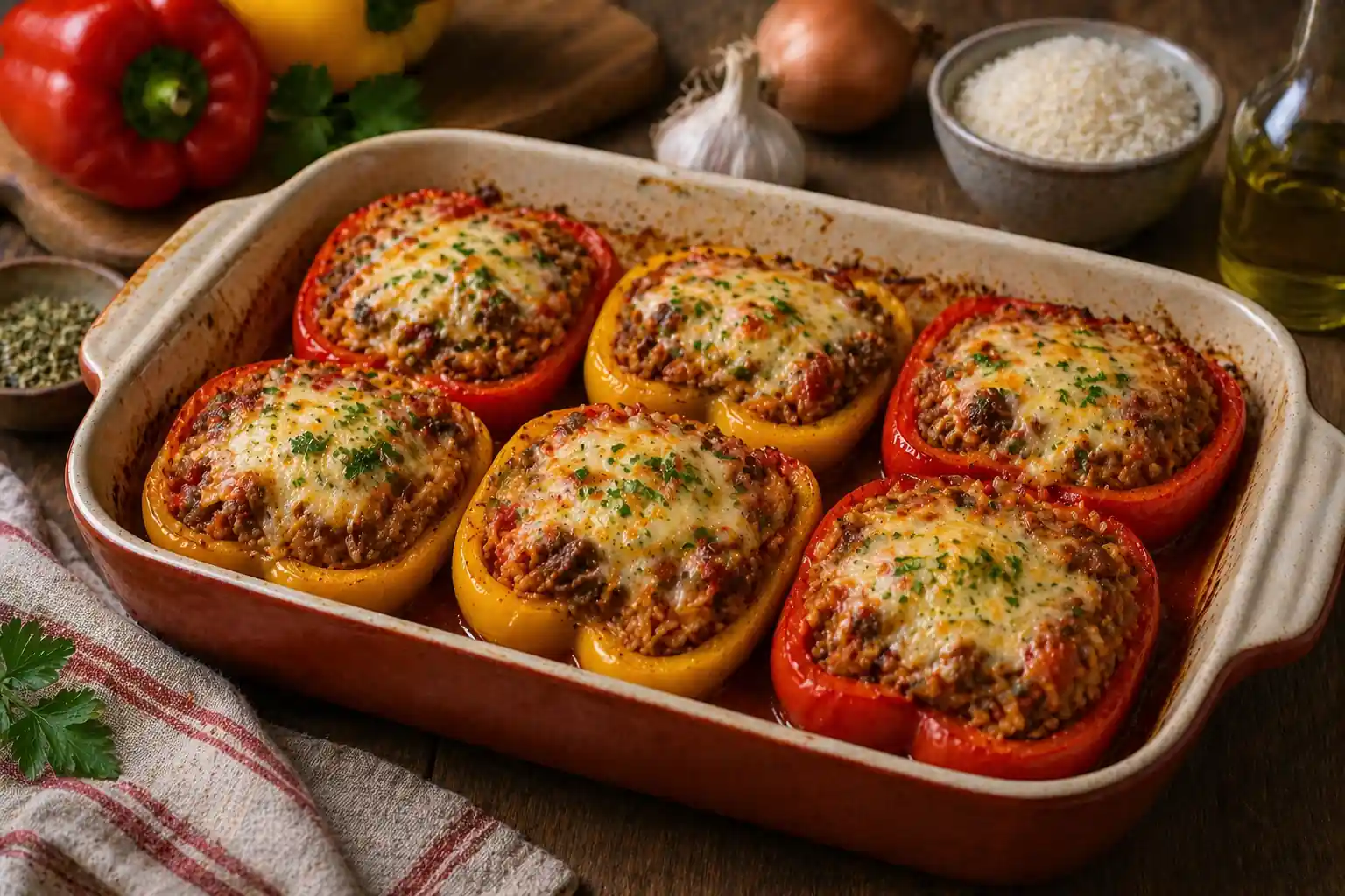 Plat de poivrons farcis au four avec viande hachée, riz, tomate et fromage gratiné dans un plat en céramique
