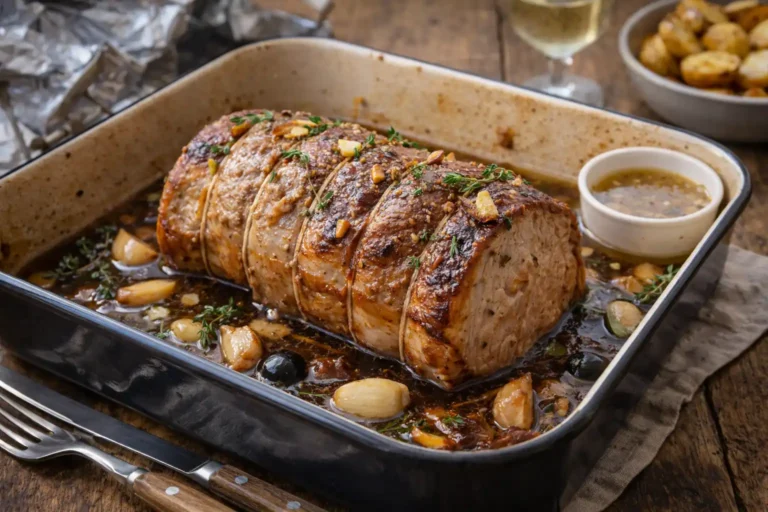 Rôti de porc au four bien doré dans un plat de cuisson avec ail, thym et jus de viande sur une table rustique