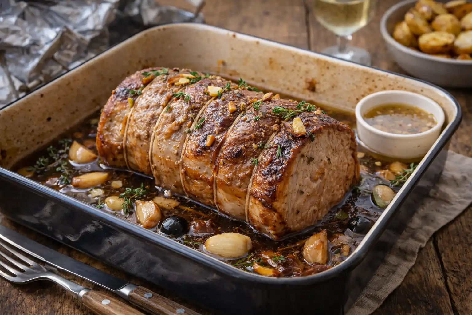 Rôti de porc au four bien doré dans un plat de cuisson avec ail, thym et jus de viande sur une table rustique