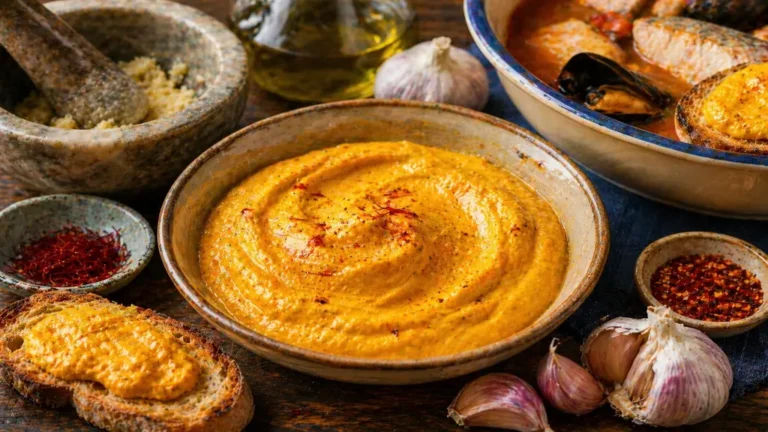 Bol de sauce rouille maison safranée avec ail, croûtons et soupe de poisson dans une ambiance méditerranéenne rustique