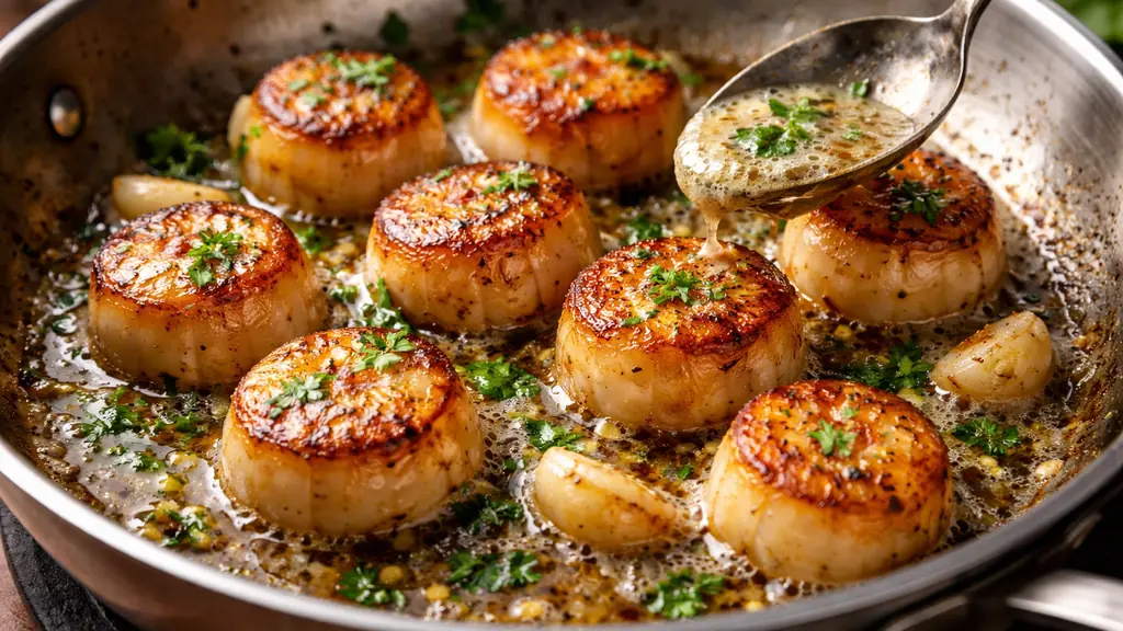 Saint-jacques poêlées dorées dans une poêle avec beurre mousseux, ail et persil frais, en gros plan réaliste.
