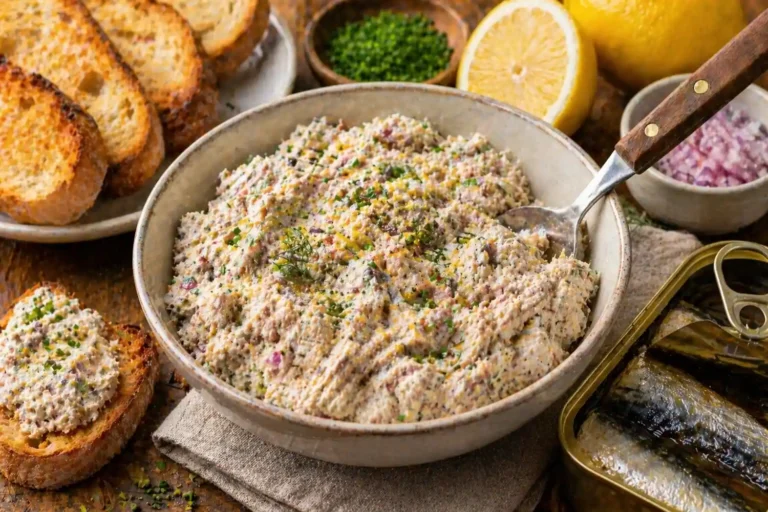 Bol de rillettes de maquereau maison au fromage frais avec citron, échalote et toasts grillés sur table rustique