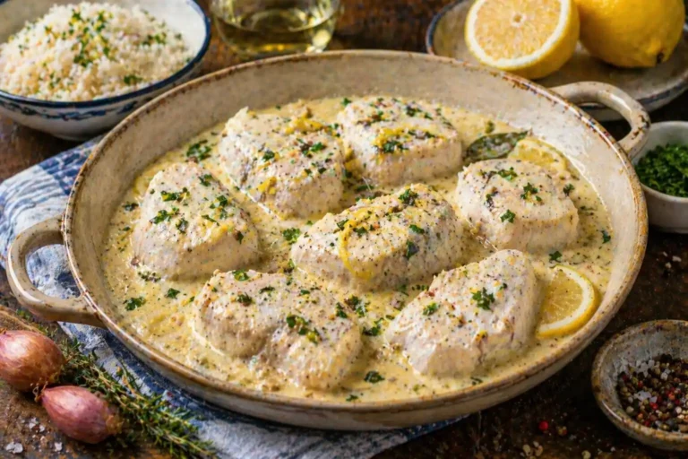 Tronçons de roussette en sauce crème citronnée avec échalotes, herbes fraîches et riz sur table rustique