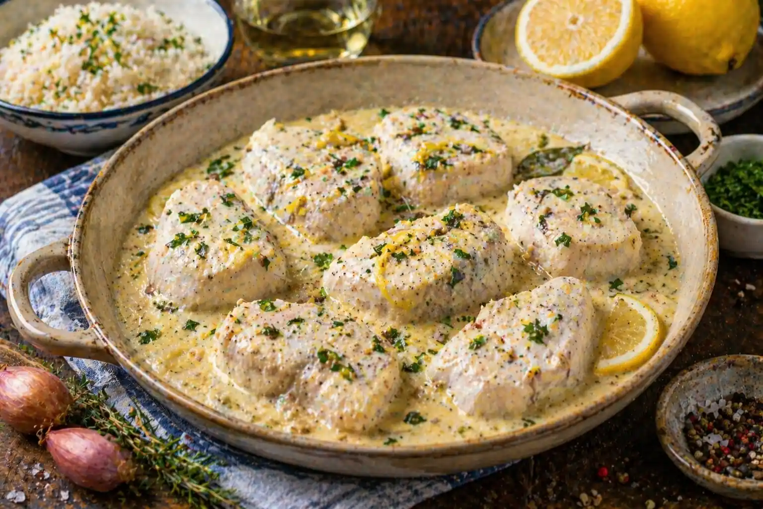 Tronçons de roussette en sauce crème citronnée avec échalotes, herbes fraîches et riz sur table rustique