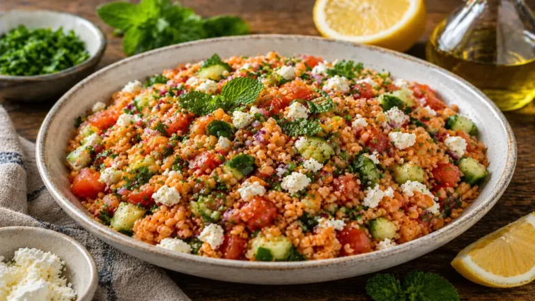 Salade de lentilles corail avec feta, concombre, tomates, oignon rouge et herbes fraîches dans un grand saladier