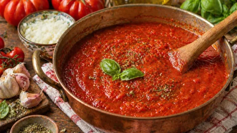 Sauce tomate maison mijotée dans une casserole rustique avec tomates fraîches, ail, oignon et basilic