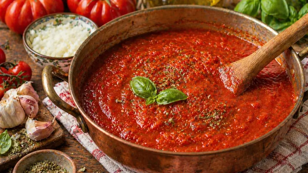 Sauce tomate maison mijotée dans une casserole rustique avec tomates fraîches, ail, oignon et basilic