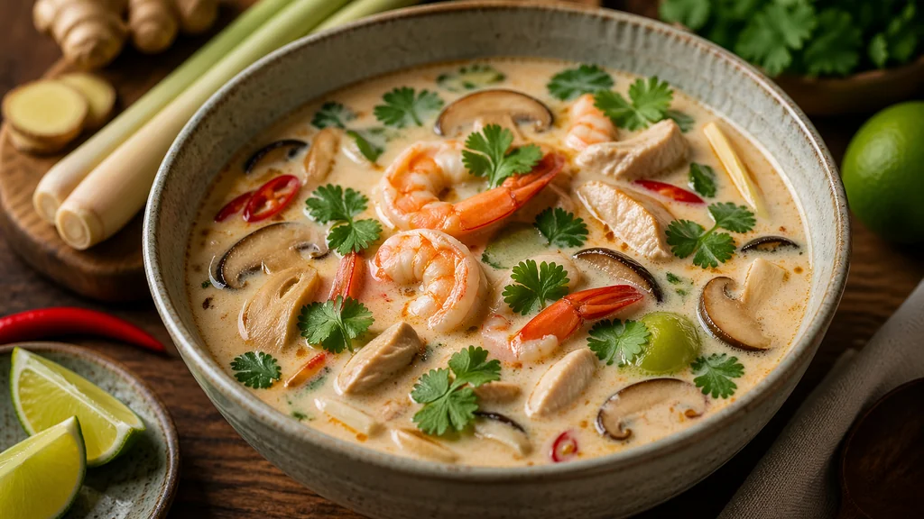 Bol de soupe thaï crémeuse au lait de coco avec crevettes, poulet, shiitakés, citron vert et coriandre fraîche