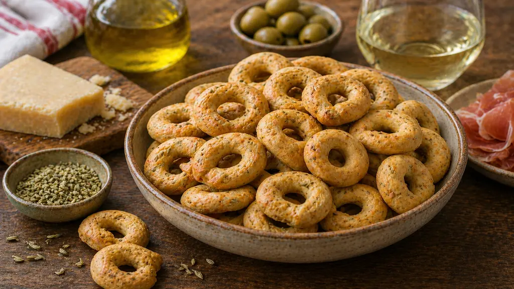 Bol de taralli italiens croustillants au fenouil servi à l’apéritif avec olives, fromage, charcuterie et verre de vin blanc