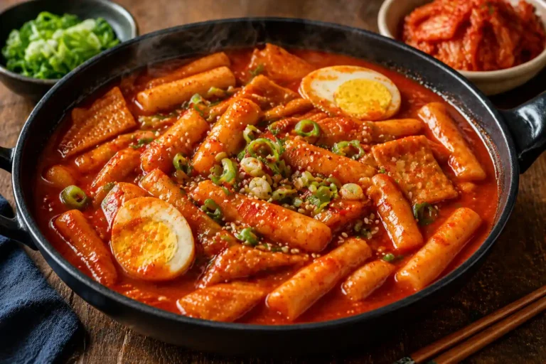 Tteokbokki coréen maison dans une poêle, avec gâteaux de riz nappés de sauce rouge pimentée, œufs durs et cébettes