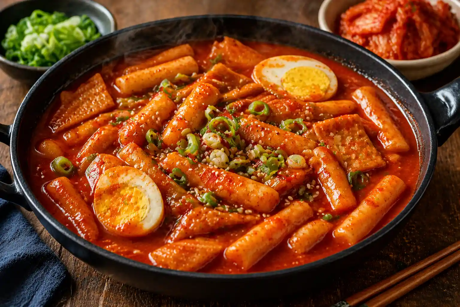 Tteokbokki coréen maison dans une poêle, avec gâteaux de riz nappés de sauce rouge pimentée, œufs durs et cébettes
