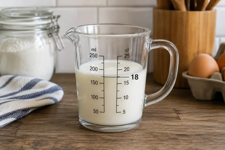 Verre doseur de cuisine affichant la conversion de 180 ml en 18 cl sur un plan de travail réaliste