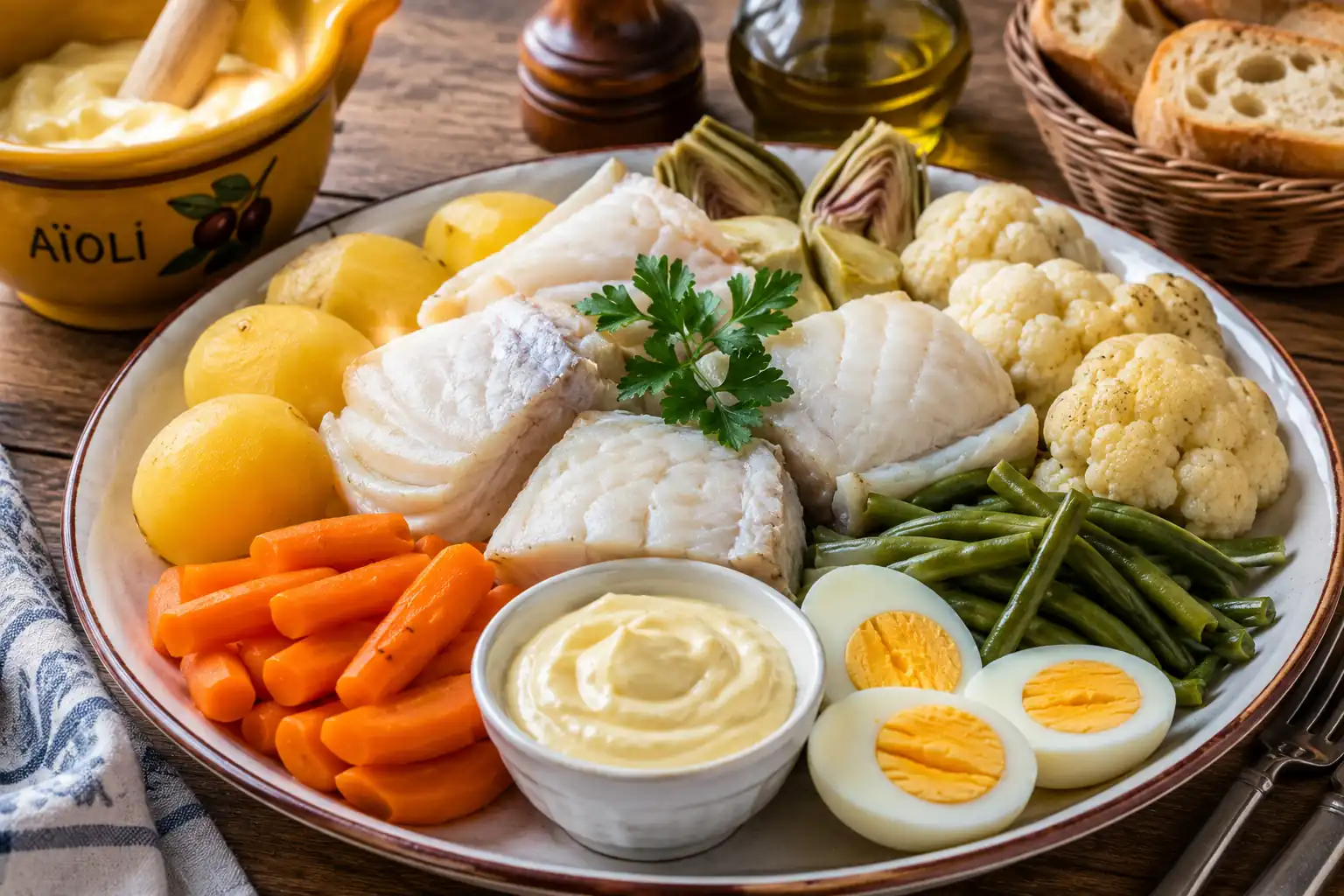 Grand aïoli provençal traditionnel avec morue pochée, légumes vapeur, œufs durs et sauce aïoli maison sur une table rustique méditerranéenne