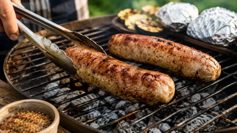 Andouillette au barbecue en cuisson sur grille avec pinces, braises chaudes et accompagnements grillés.