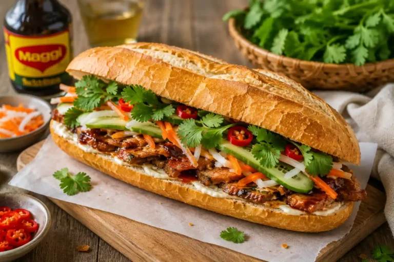 Sandwich banh mi vietnamien garni de porc mariné, légumes pickles, concombre, coriandre fraîche et piment sur une table rustique